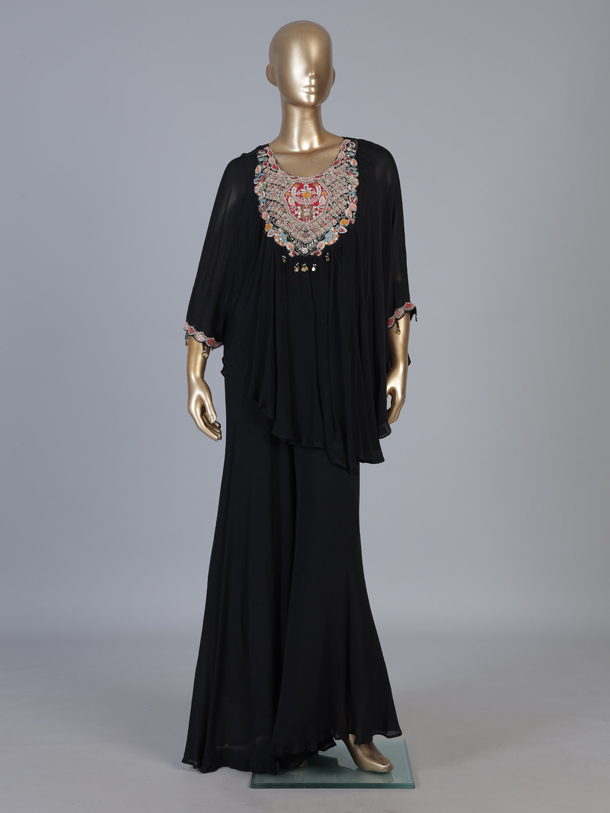 Black georgette silk kaftan sharara suit with dupatta