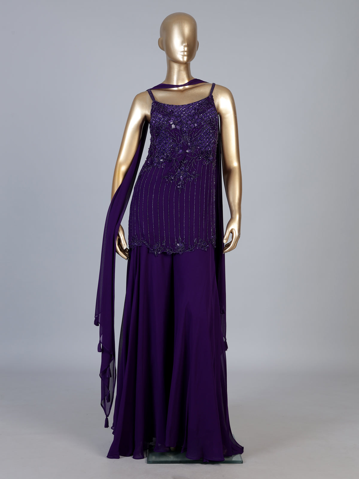 Violet georgette silk palazzo suit with choker dupatta