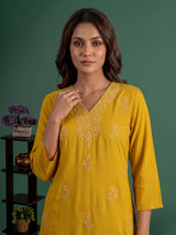 Mustard yellow embroidered cotton silk ethnic kurti set