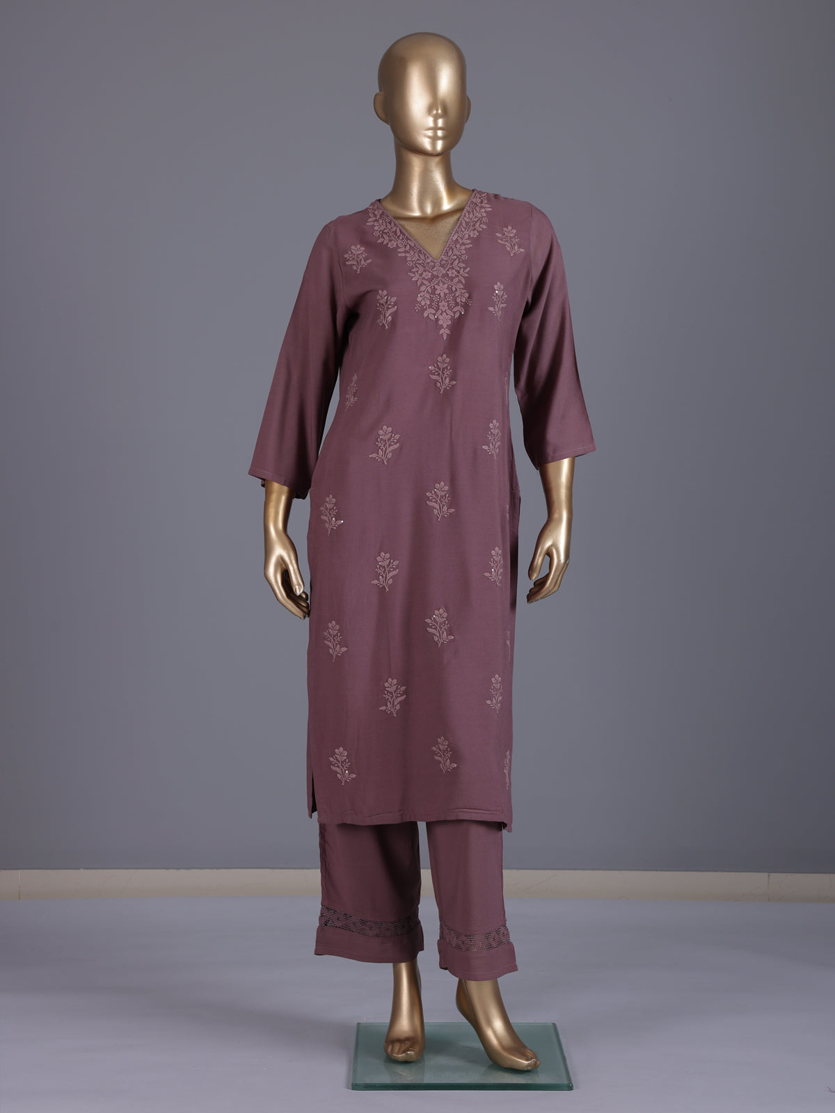 Brown embroidered cotton silk festive kurti set for women