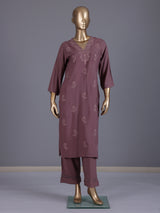 Brown embroidered cotton silk festive kurti set for women