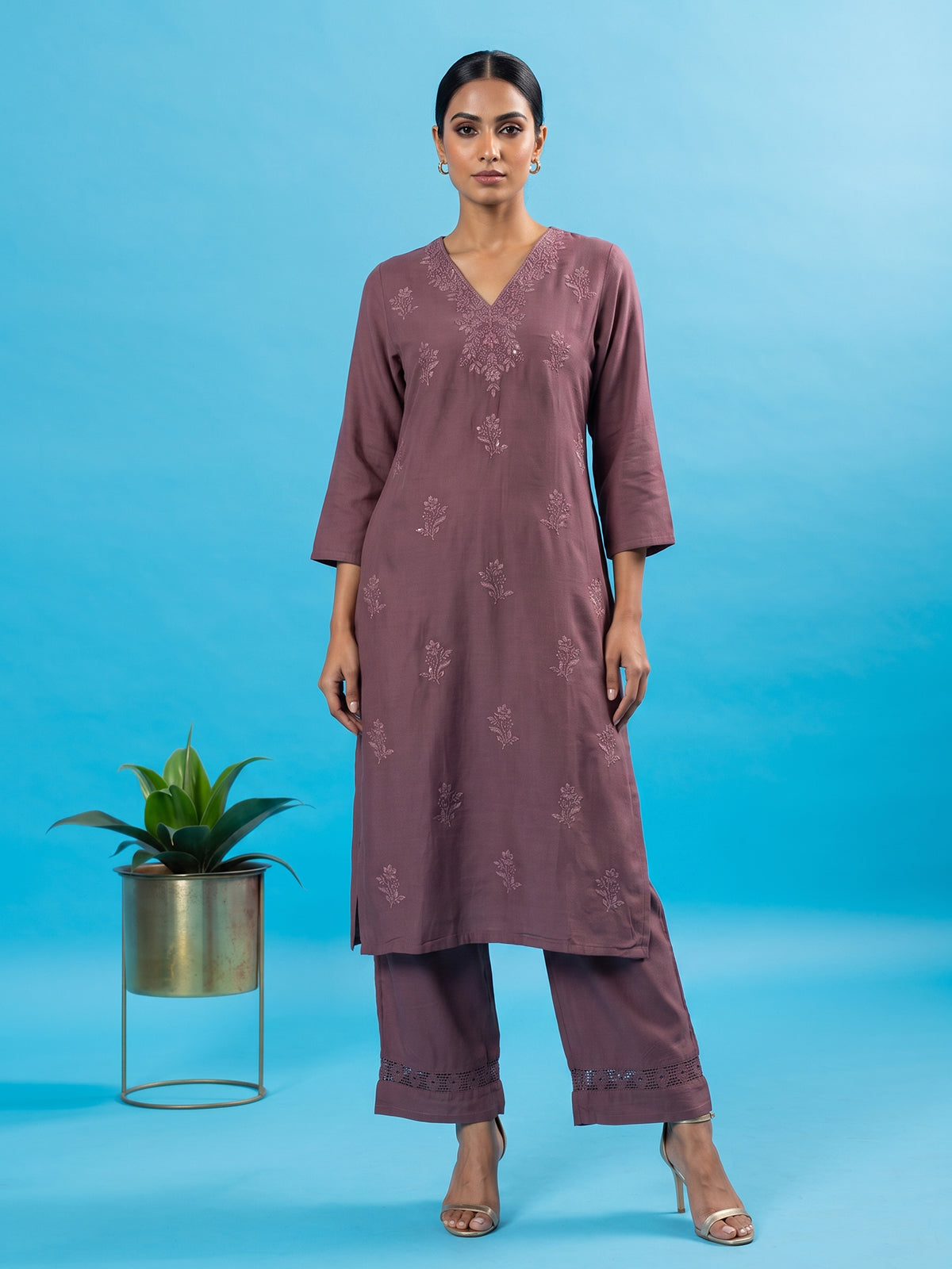 Brown embroidered cotton silk festive kurti set for women
