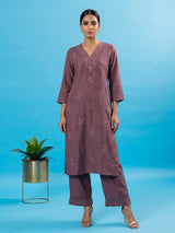 Brown embroidered cotton silk festive kurti set for women