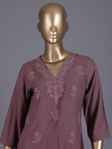 Brown embroidered cotton silk festive kurti set for women