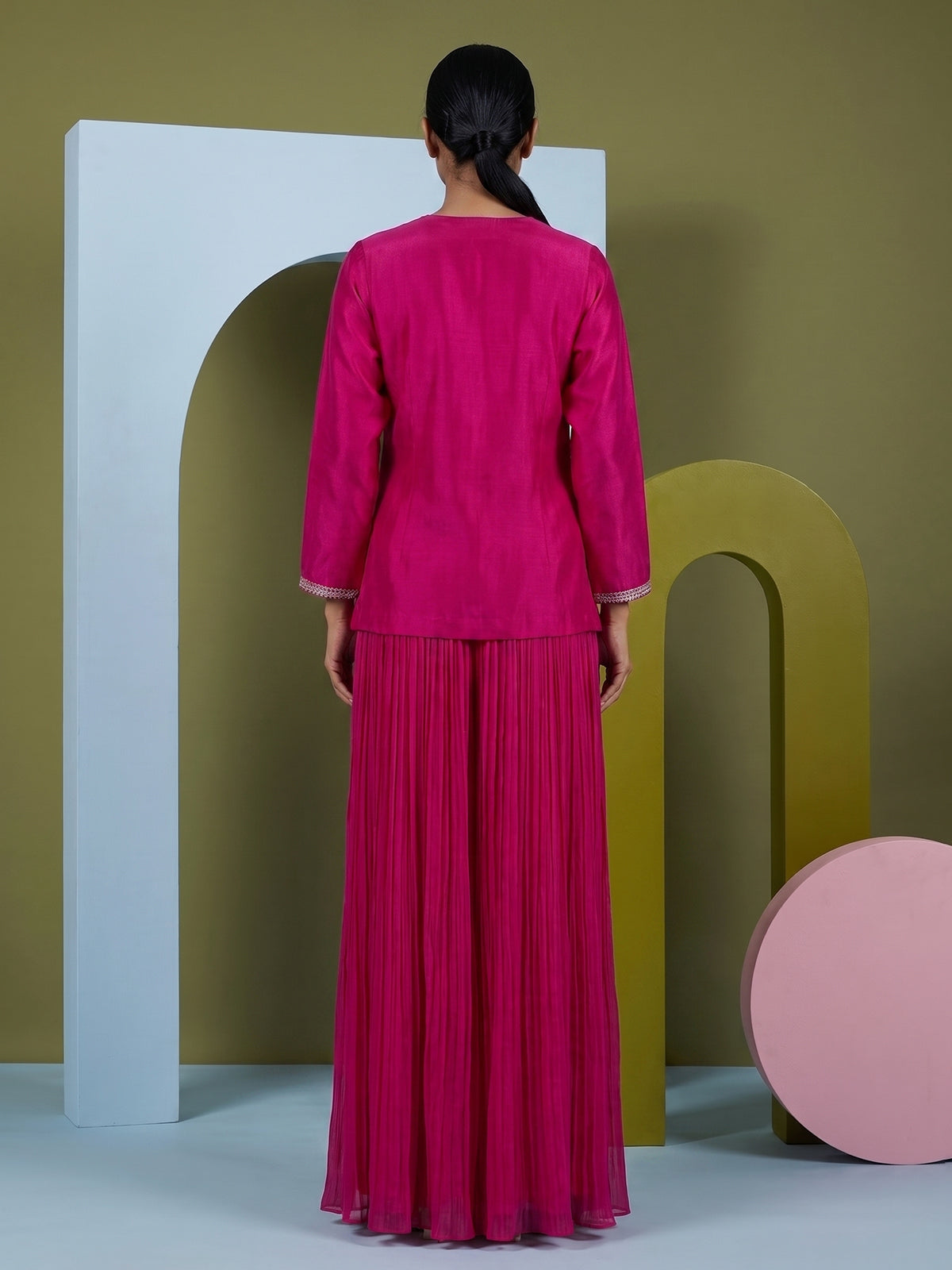 Rani pink embroidered chanderi silk palazzo suit ensemble