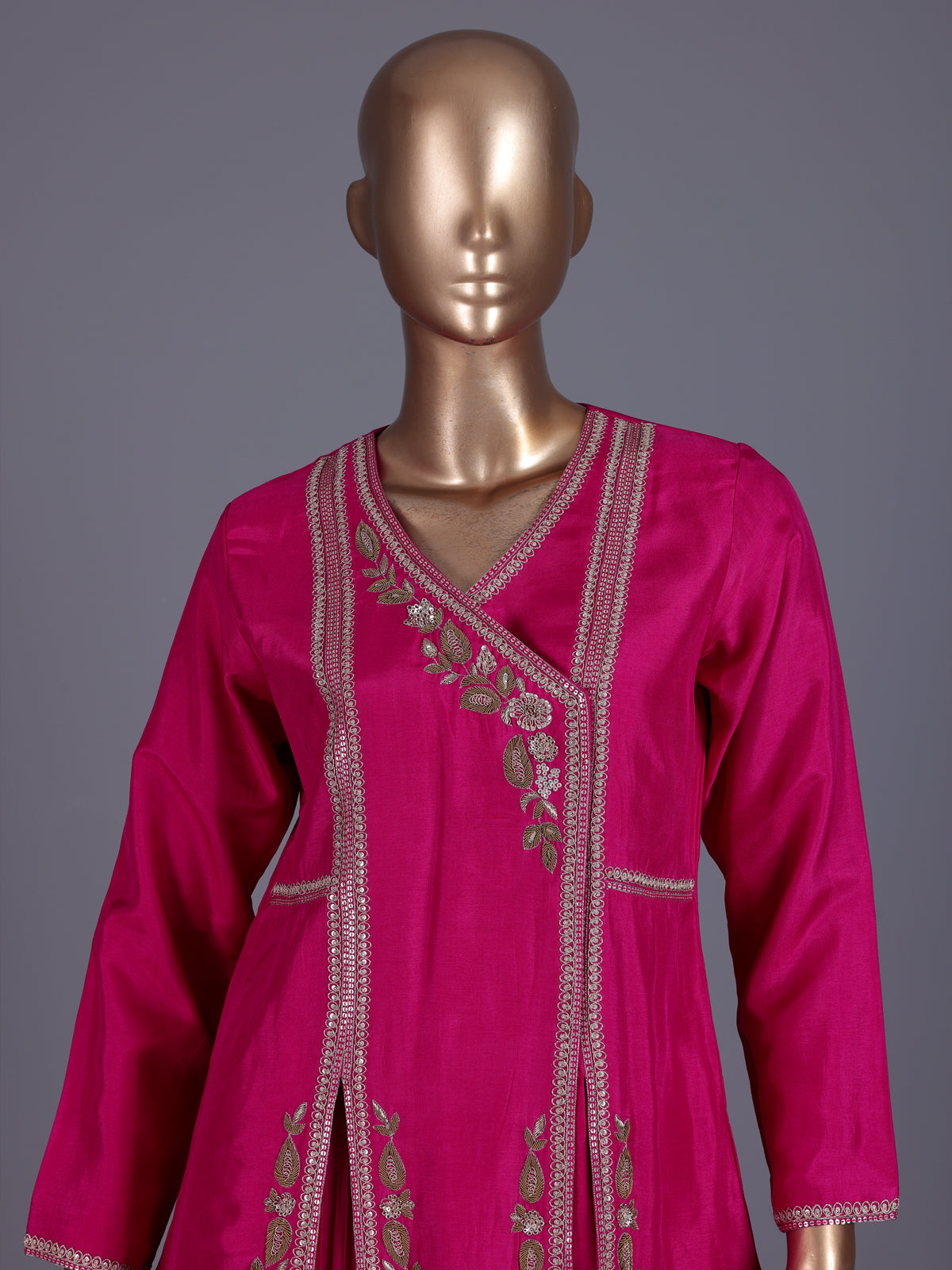Rani pink embroidered chanderi silk palazzo suit ensemble