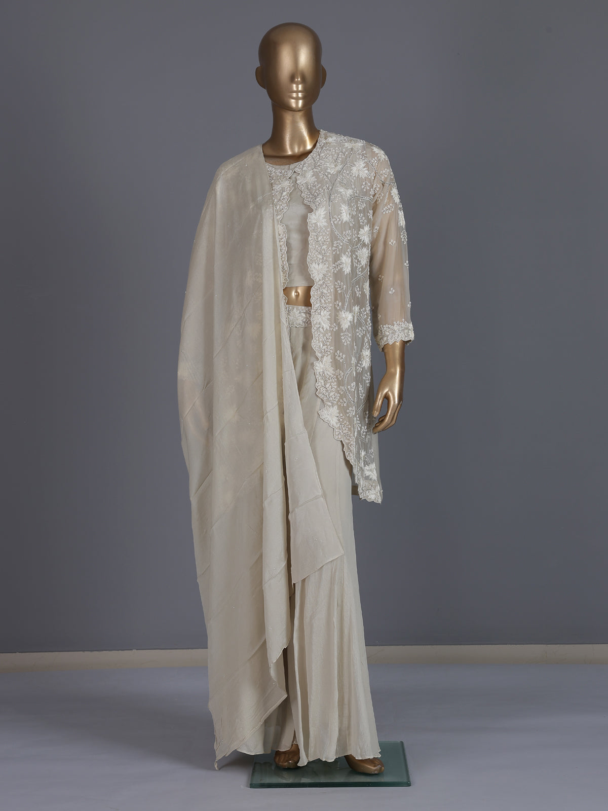 Ivory embroidered shimmer silk palazzo suit