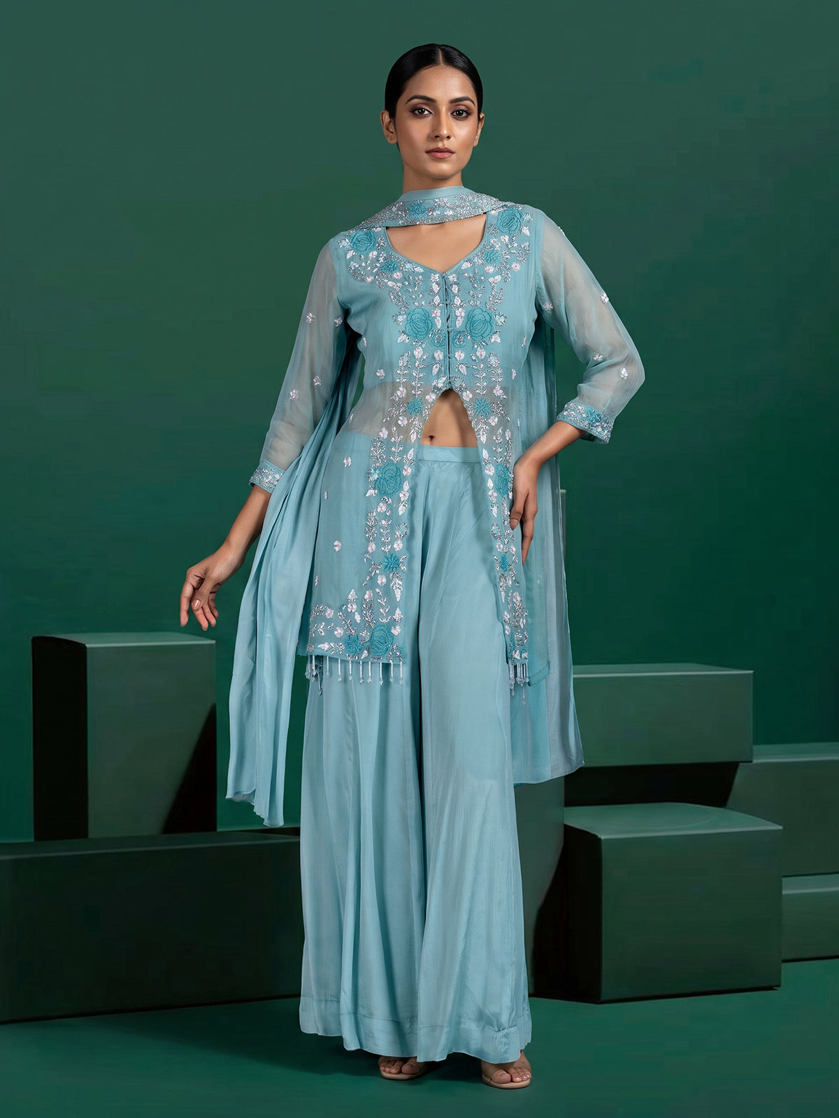 Sky blue embellished silk palazzo suit
