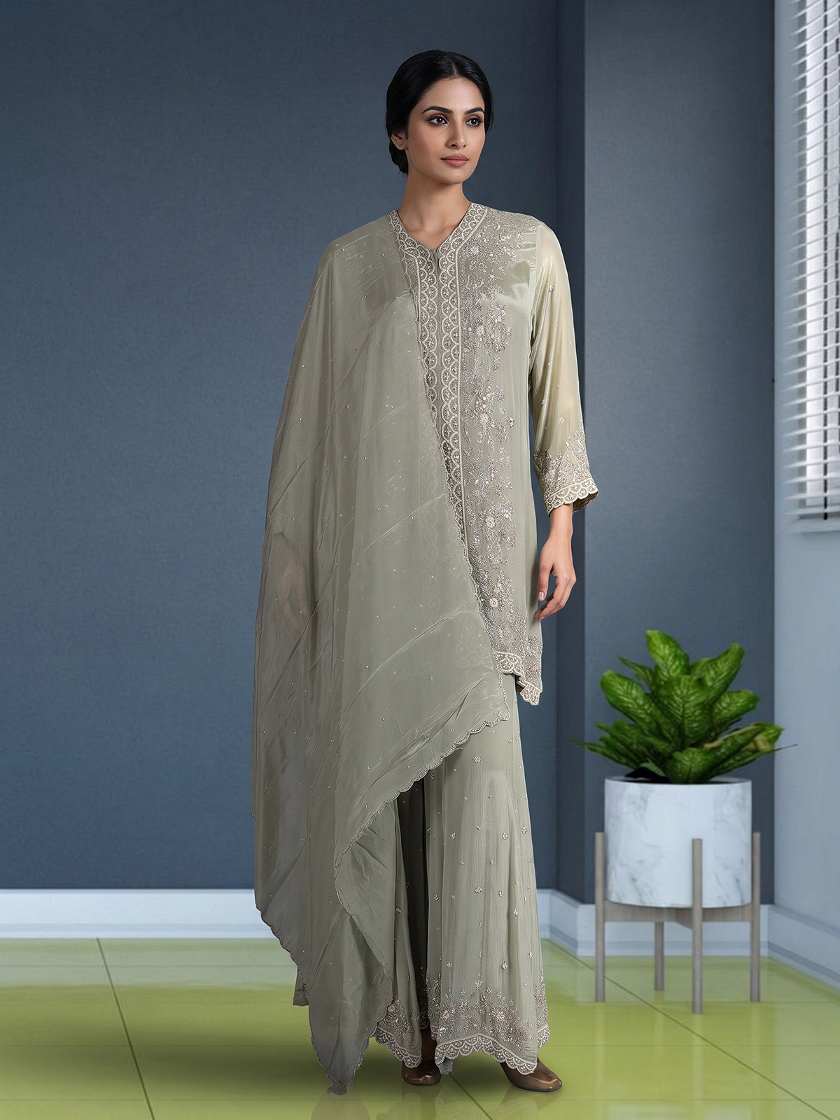 Pista green embroidered crepe silk palazzo suit
