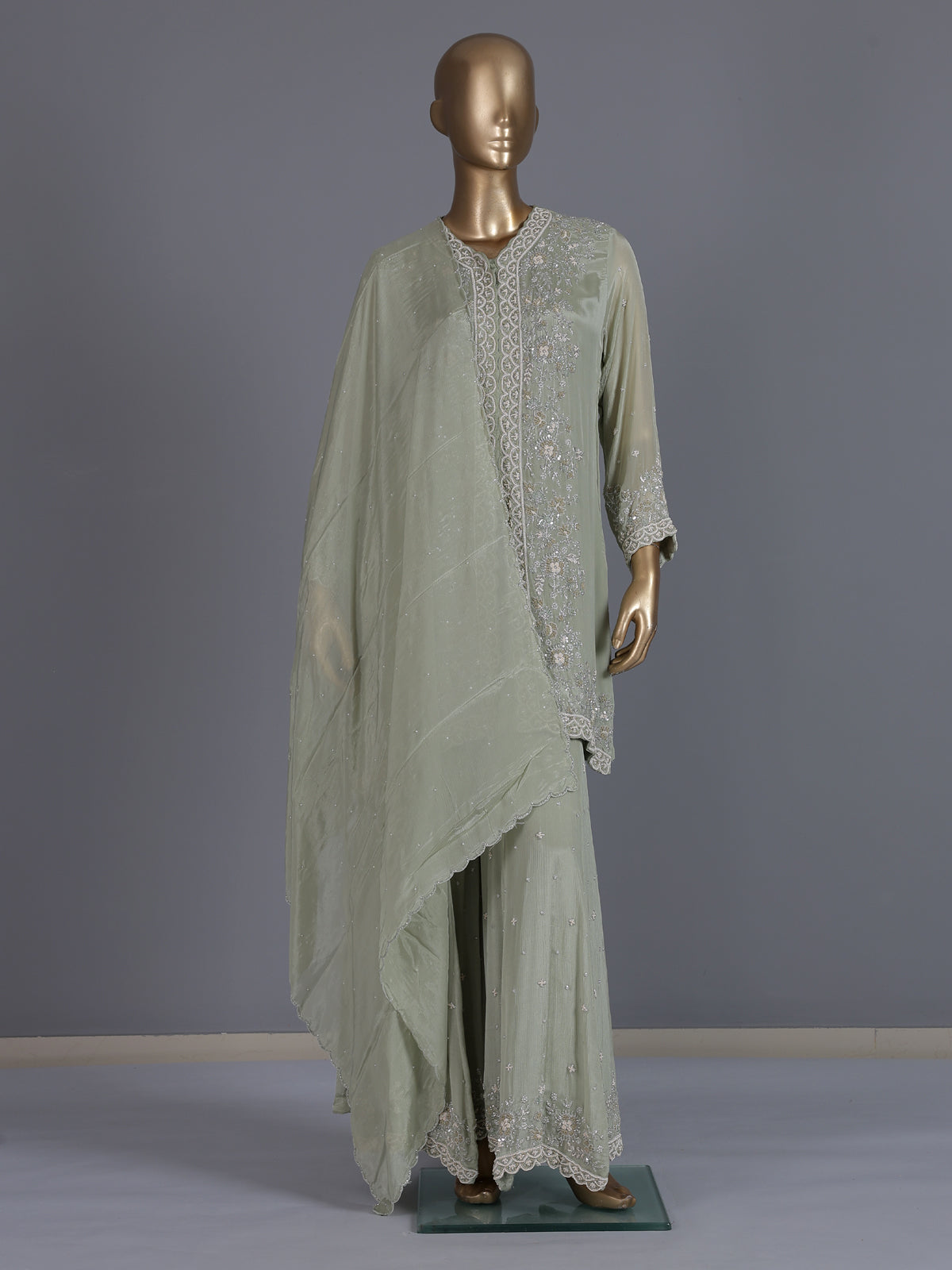 Pista green embroidered crepe silk palazzo suit