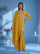 Yellow embroidered crepe silk palazzo suit