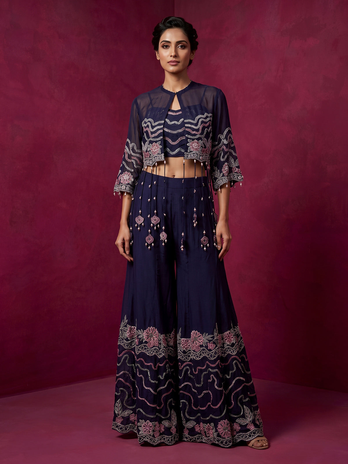 Navy silk designer jacket style sharara suit