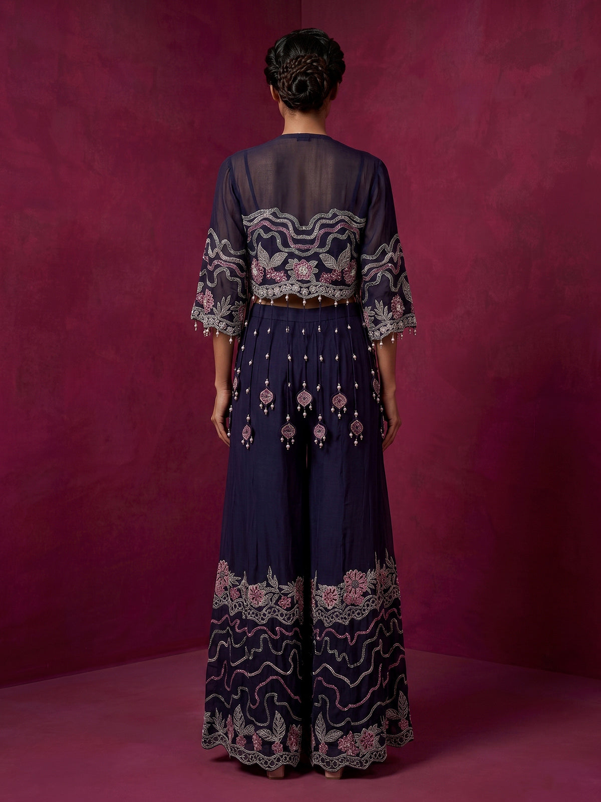 Navy silk designer jacket style sharara suit