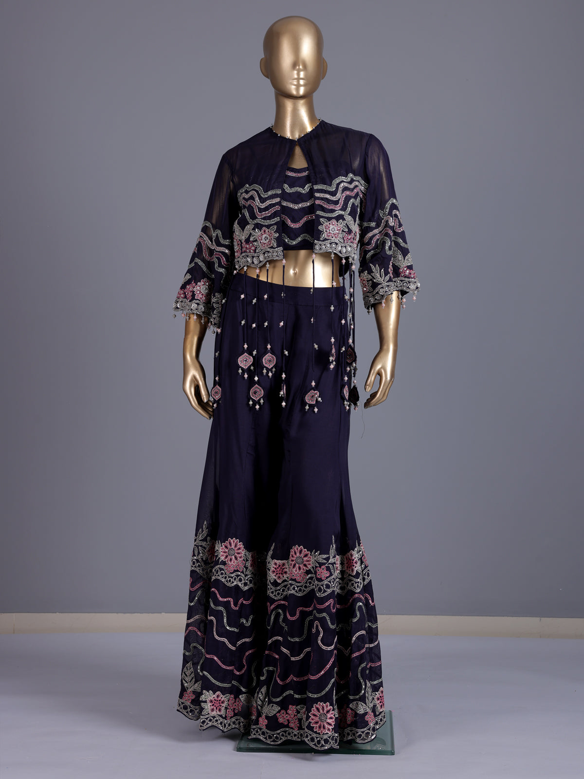 Navy silk designer jacket style sharara suit