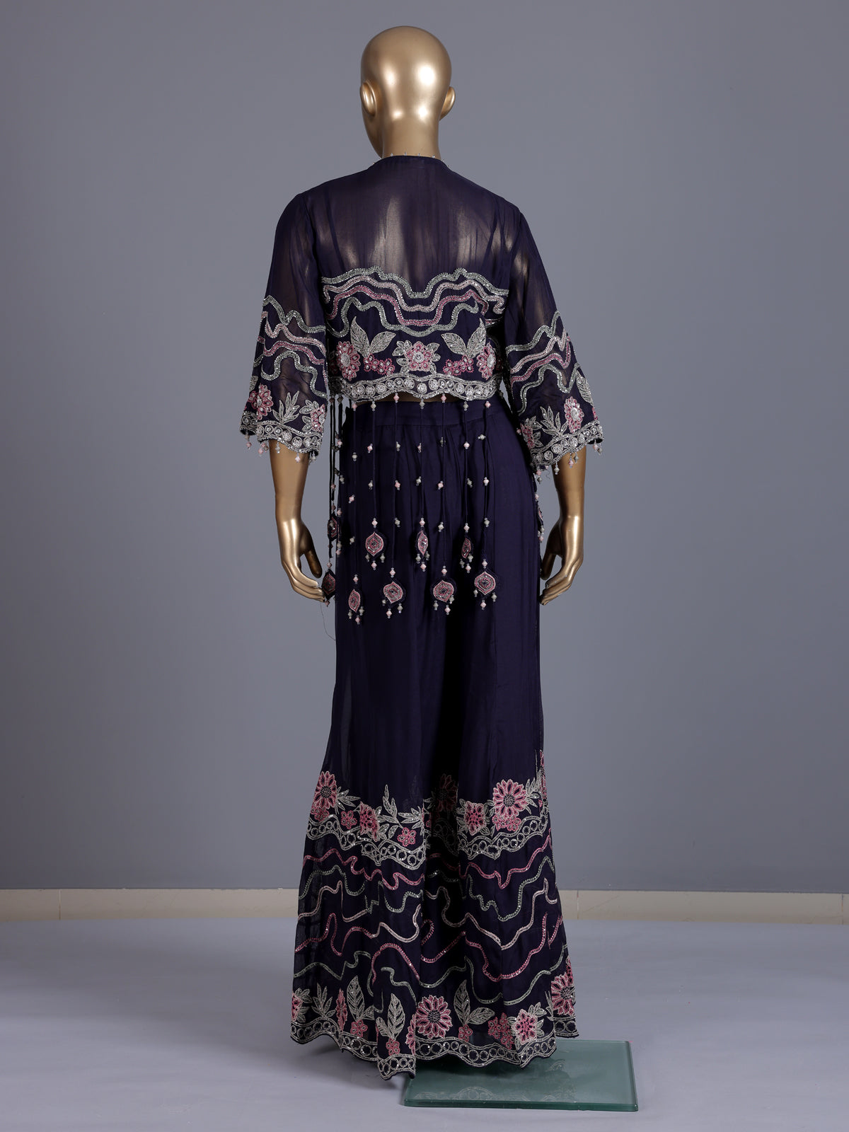 Navy silk designer jacket style sharara suit
