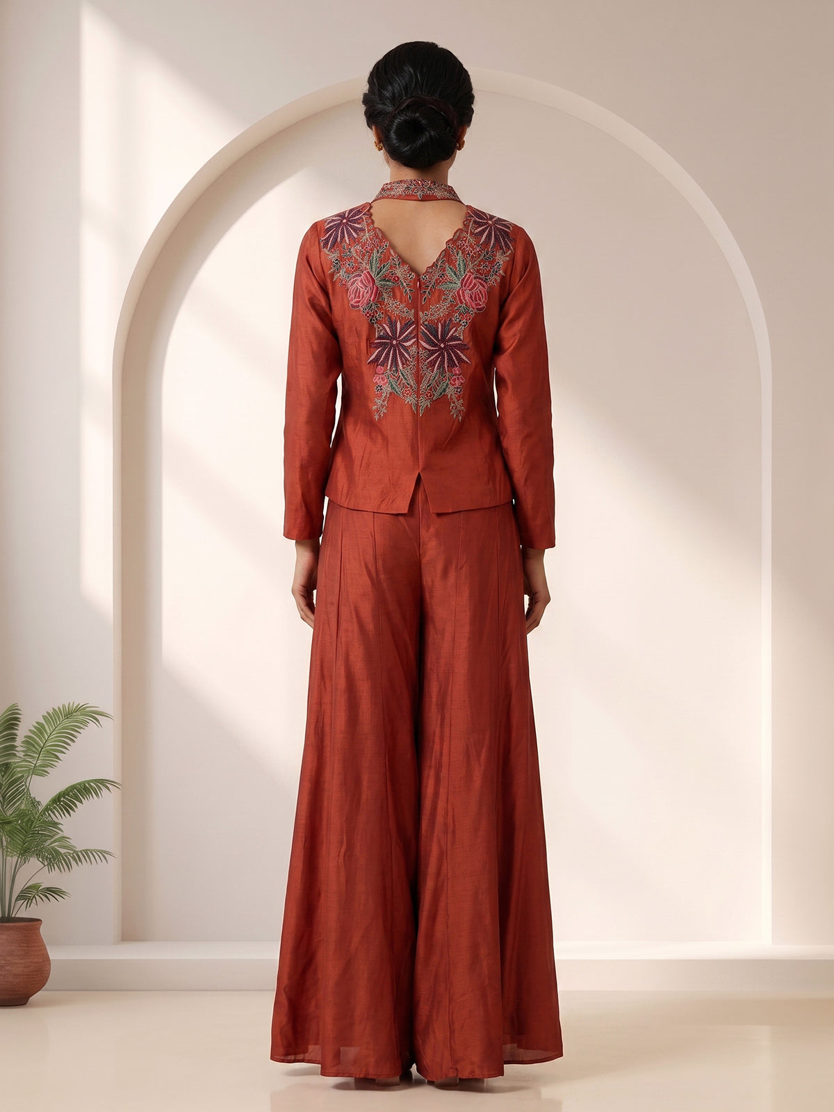 Rust embroidered indo western sharara style suit