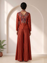 Rust embroidered indo western sharara style suit