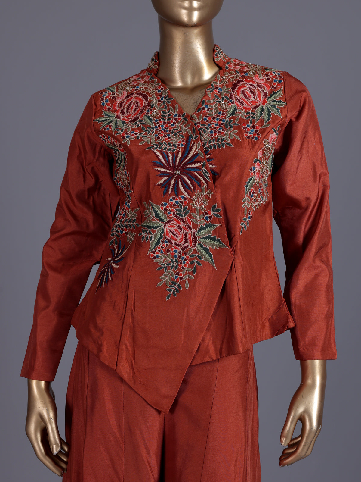 Rust embroidered indo western sharara style suit