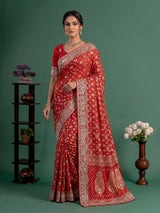 Red bandhani dola silk festive wedding saree drape