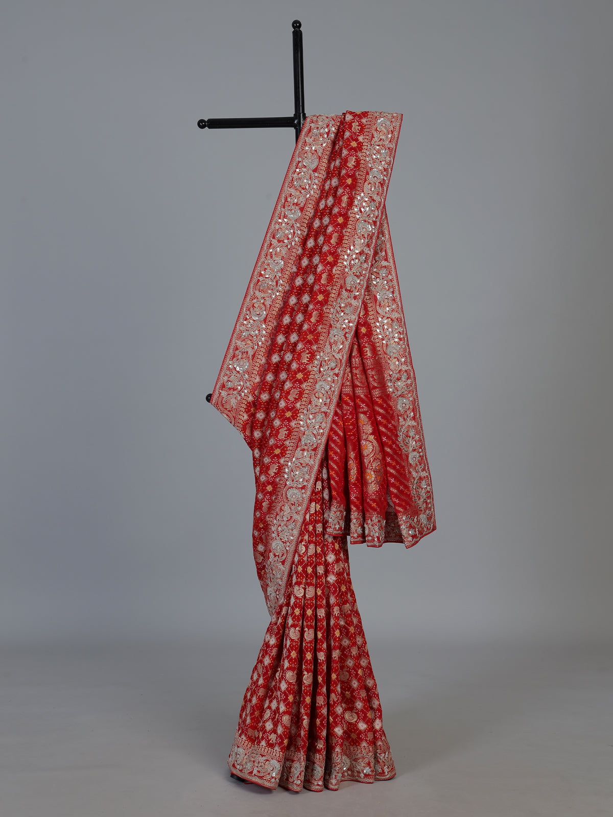 Red bandhani dola silk festive wedding saree drape