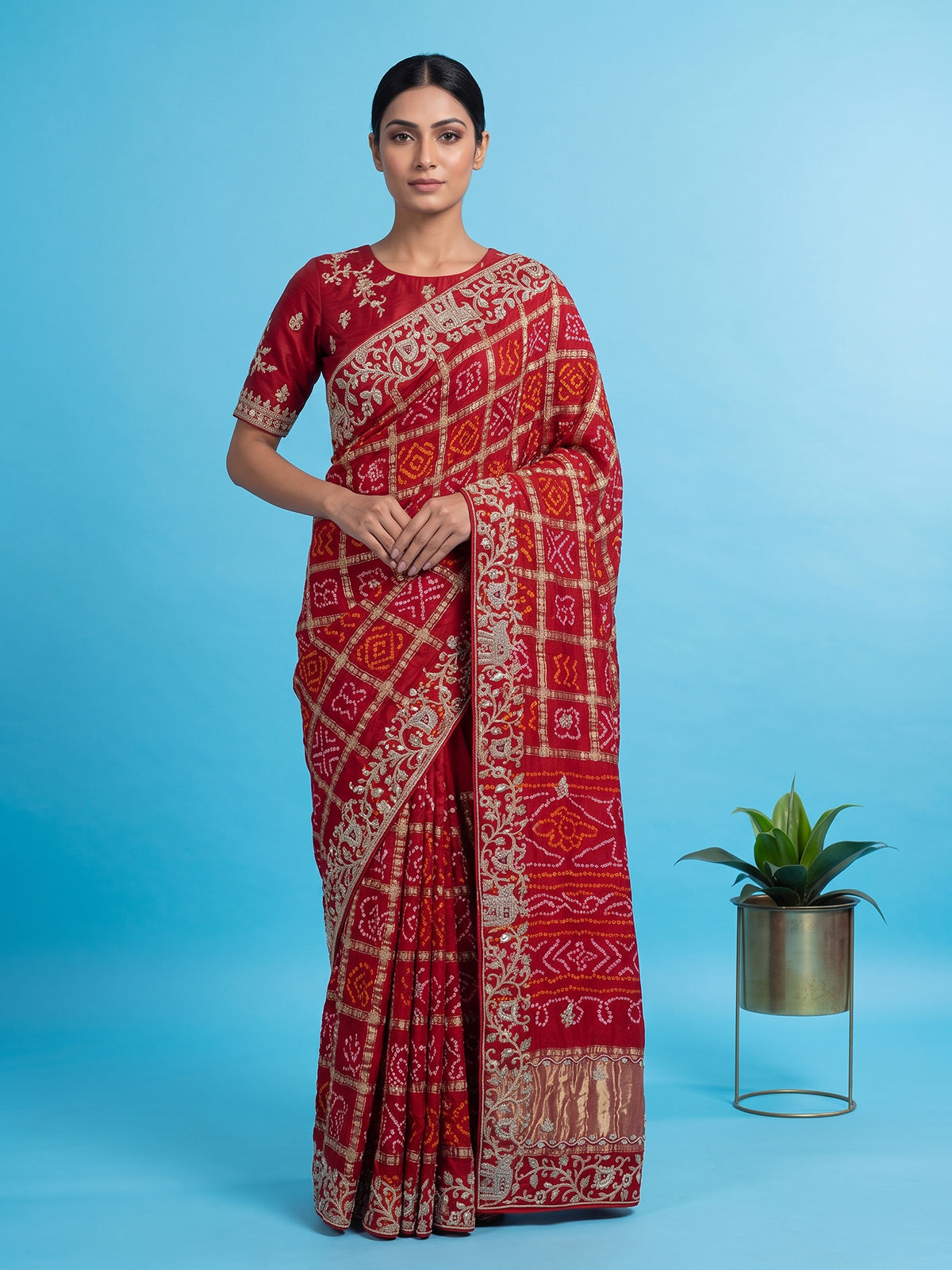 Red traditional bandhani silk bridal saree with elegance