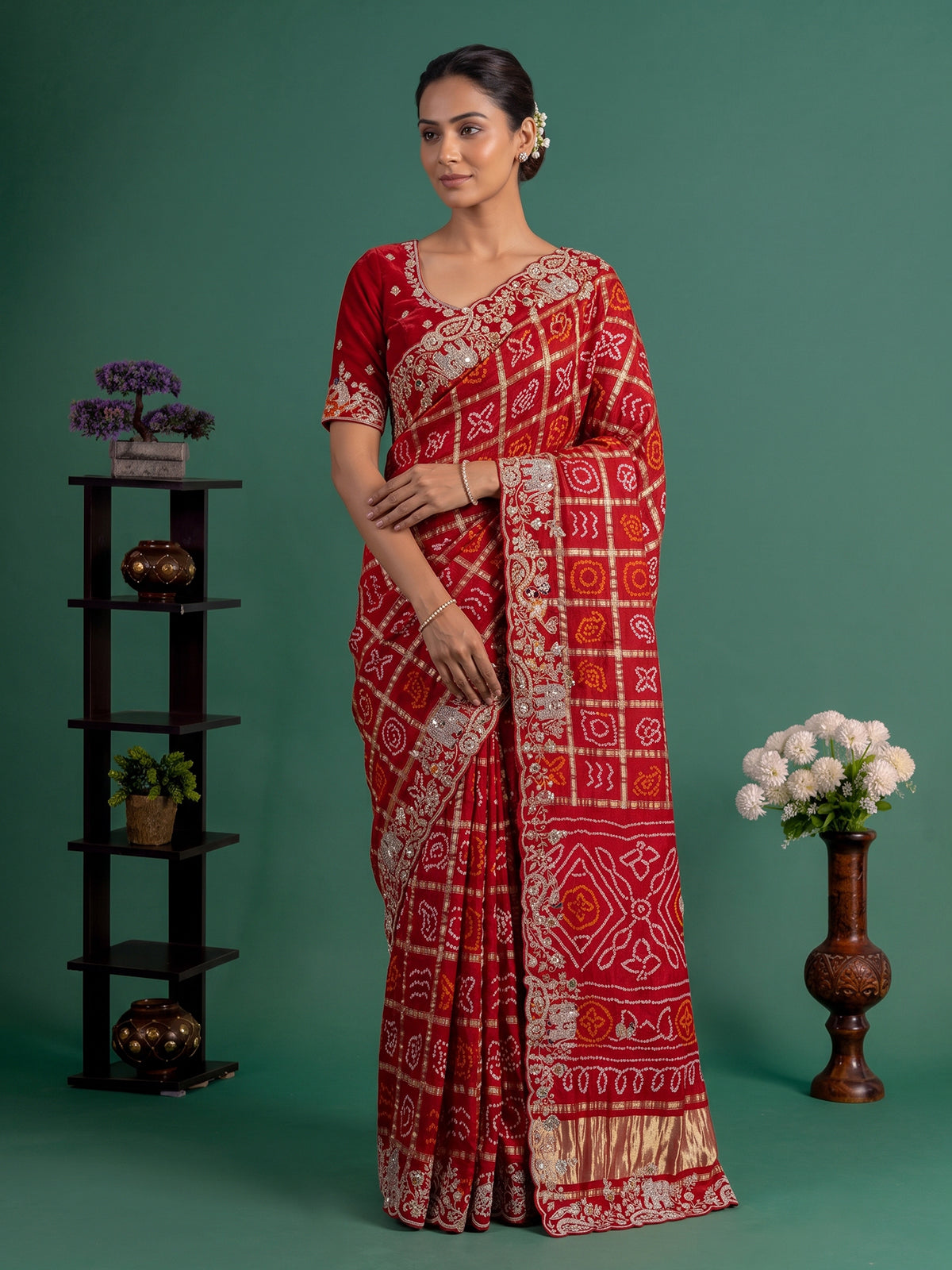 Red bandhani gajji silk handcrafted festive saree elegance