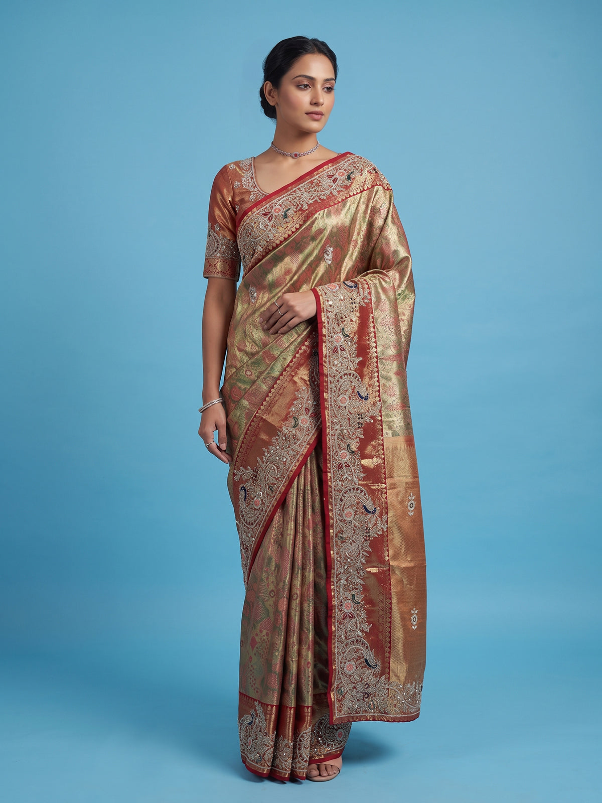 Gold tissue silk luxury bridal designer saree ensemble