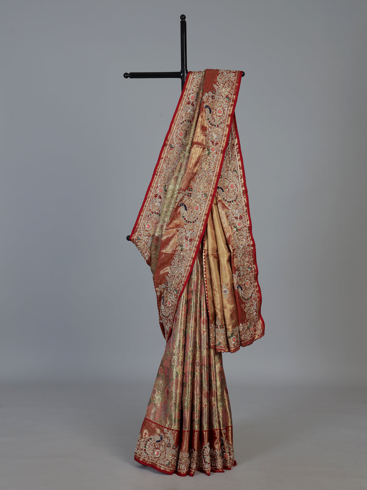 Gold tissue silk luxury bridal designer saree ensemble