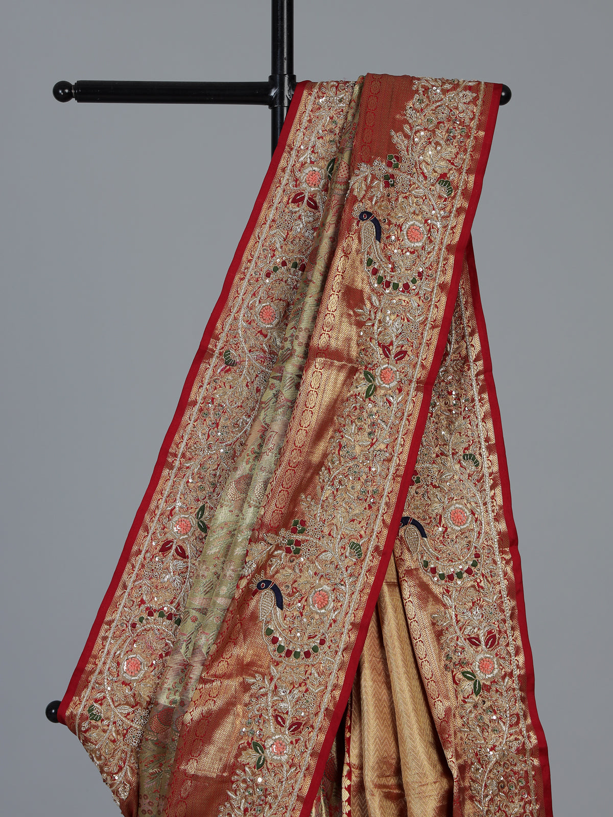 Gold tissue silk luxury bridal designer saree ensemble