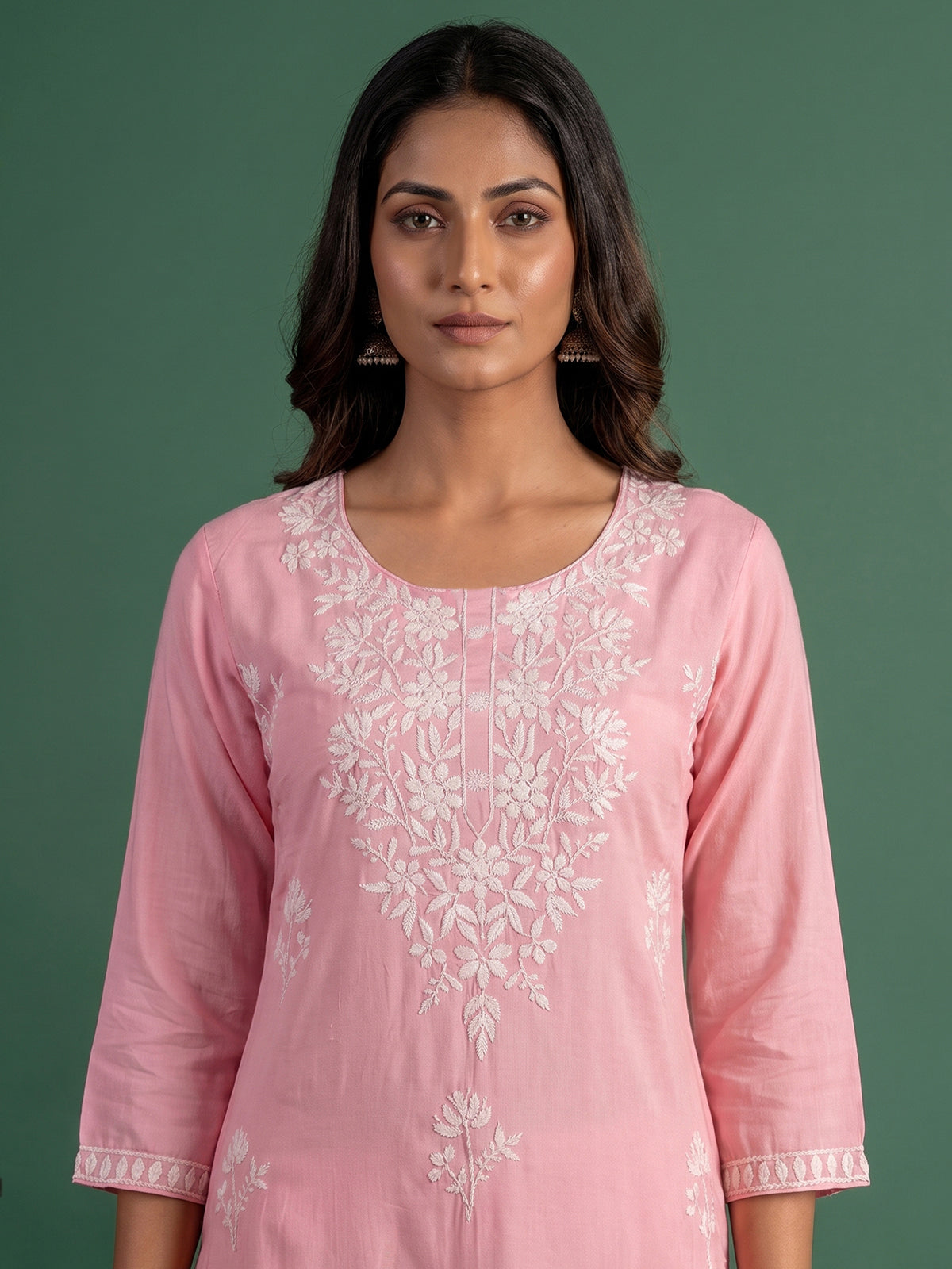 Peach designer cotton silk embroidered kurti