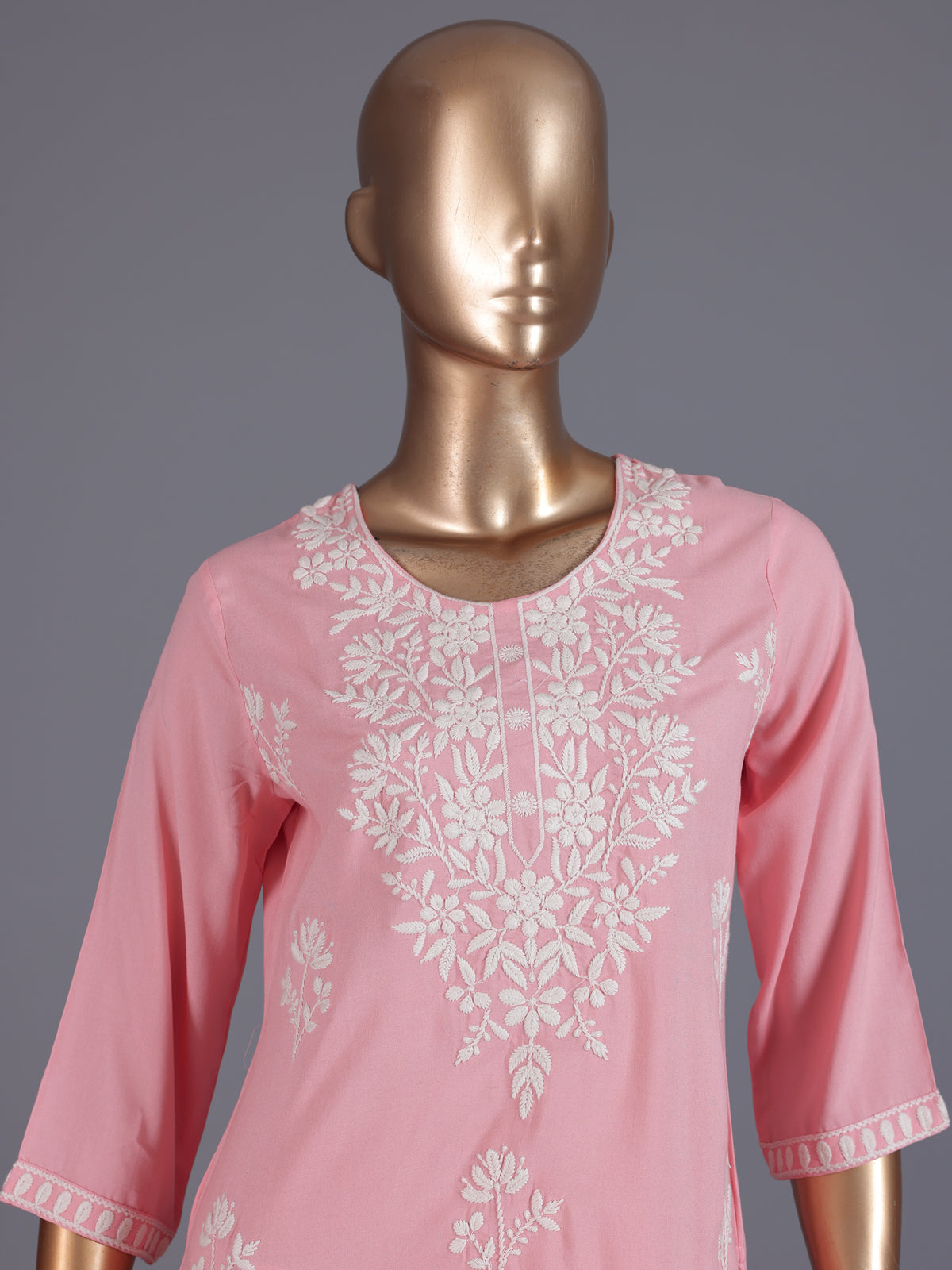 Peach designer cotton silk embroidered kurti