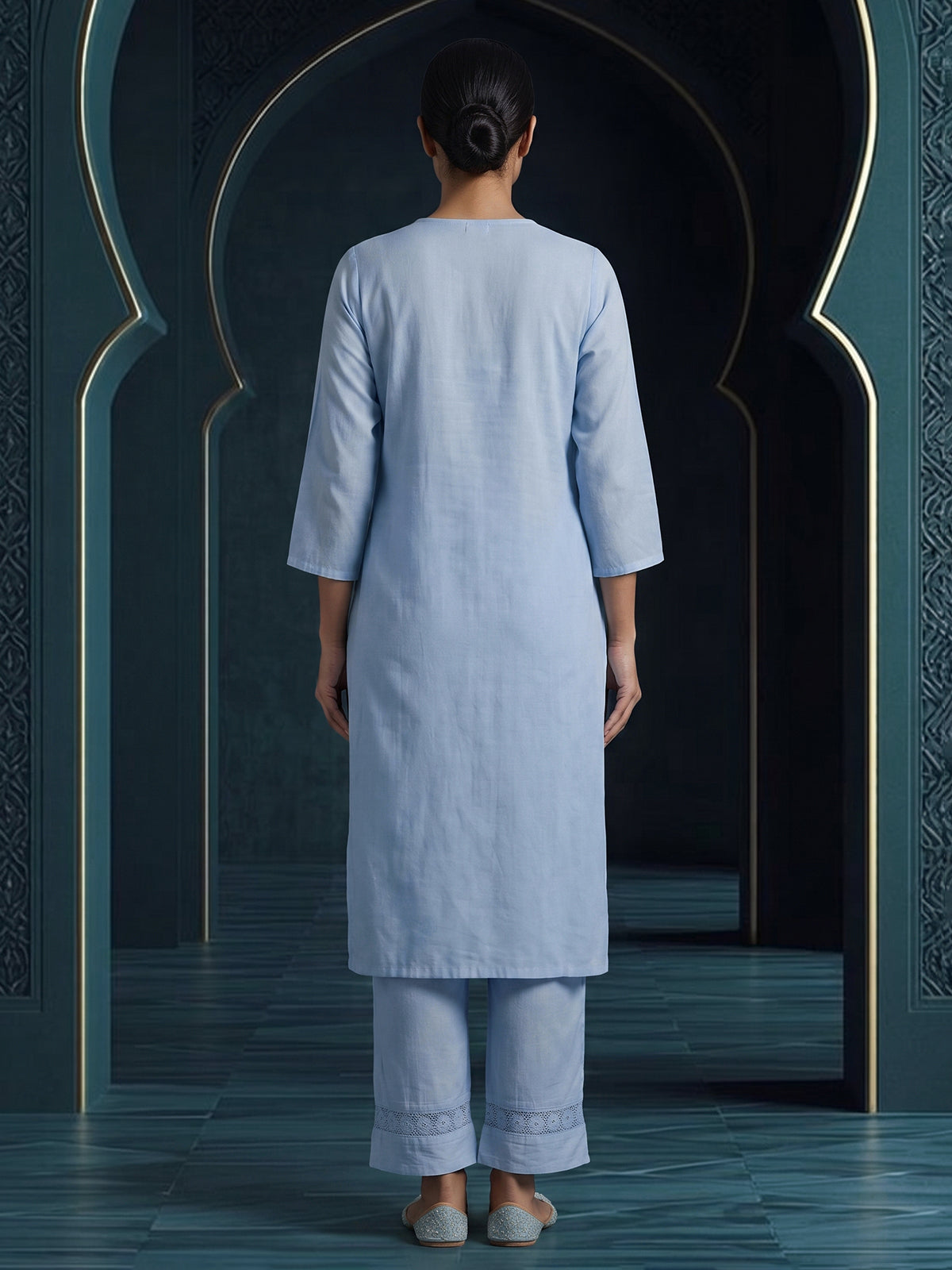 Sky blue cotton silk straight kurti set with thread work
