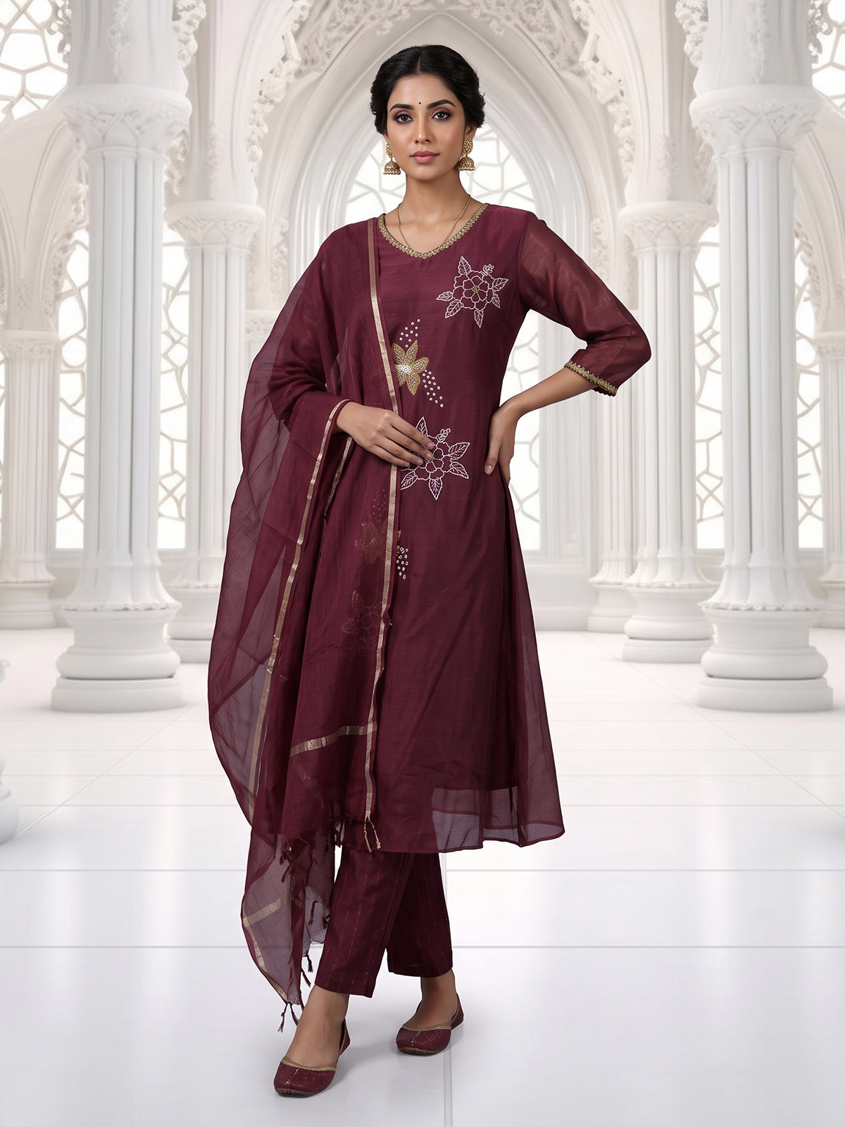 Wine embroidered cotton silk anarkali kurti set