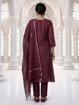 Wine embroidered cotton silk anarkali kurti set