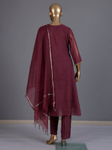 Wine embroidered cotton silk anarkali kurti set