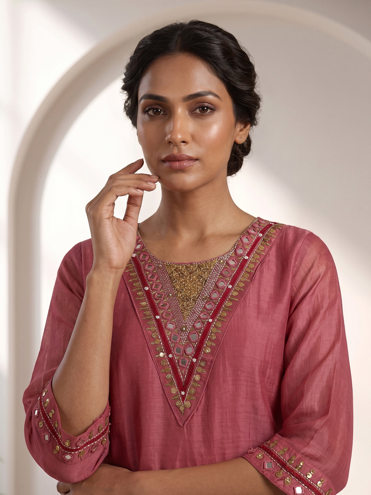 Red mirror embroidered cotton silk anarkali kurti set