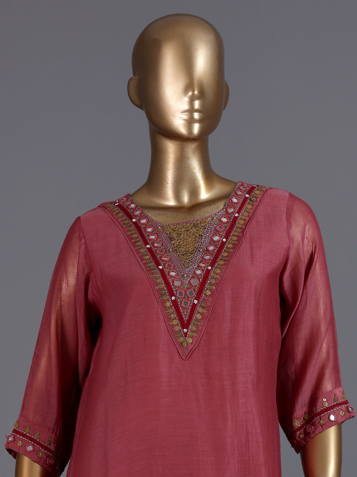 Red mirror embroidered cotton silk anarkali kurti set