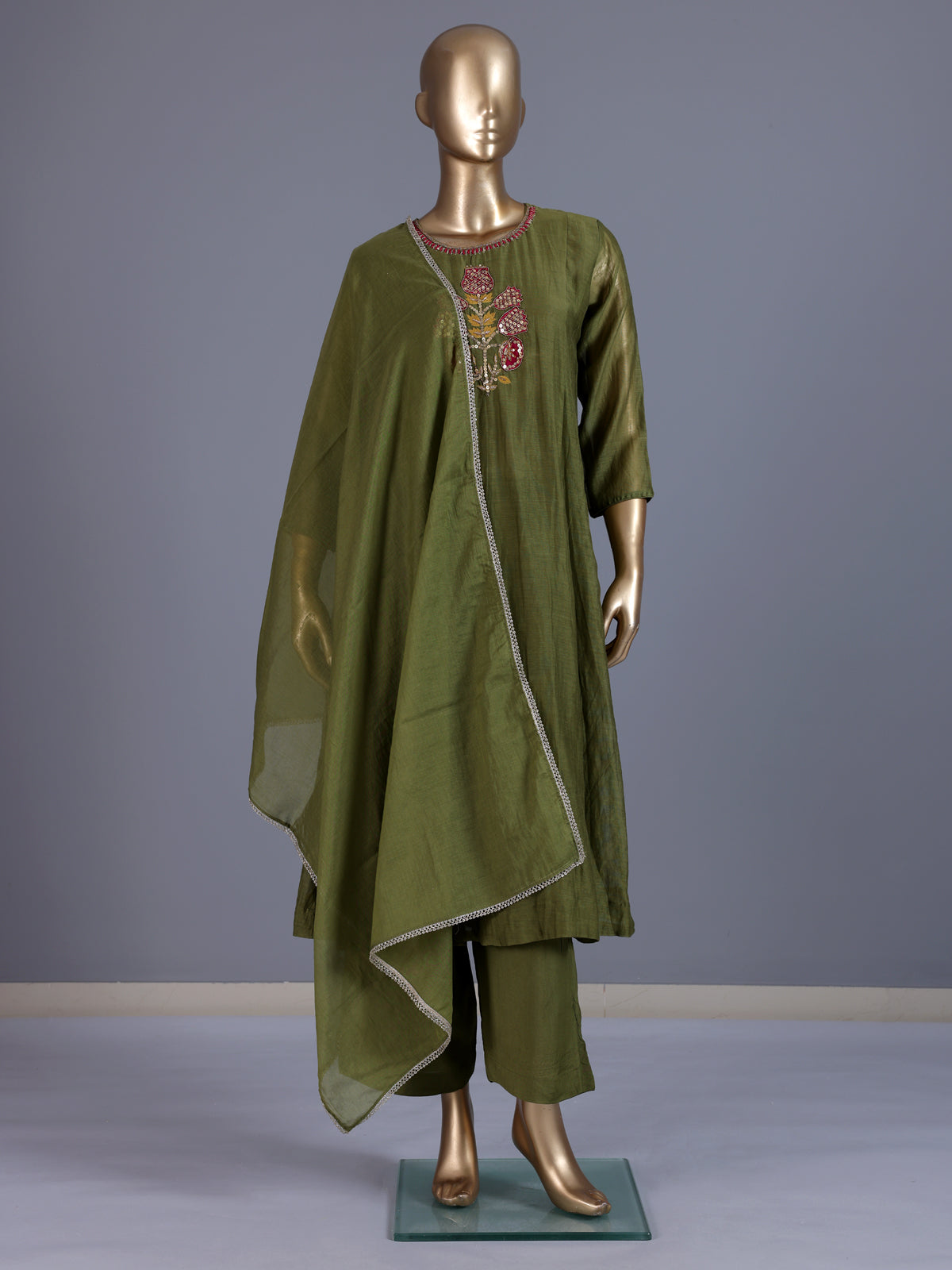 Green embroidered cotton silk anarkali kurti set with dupatta