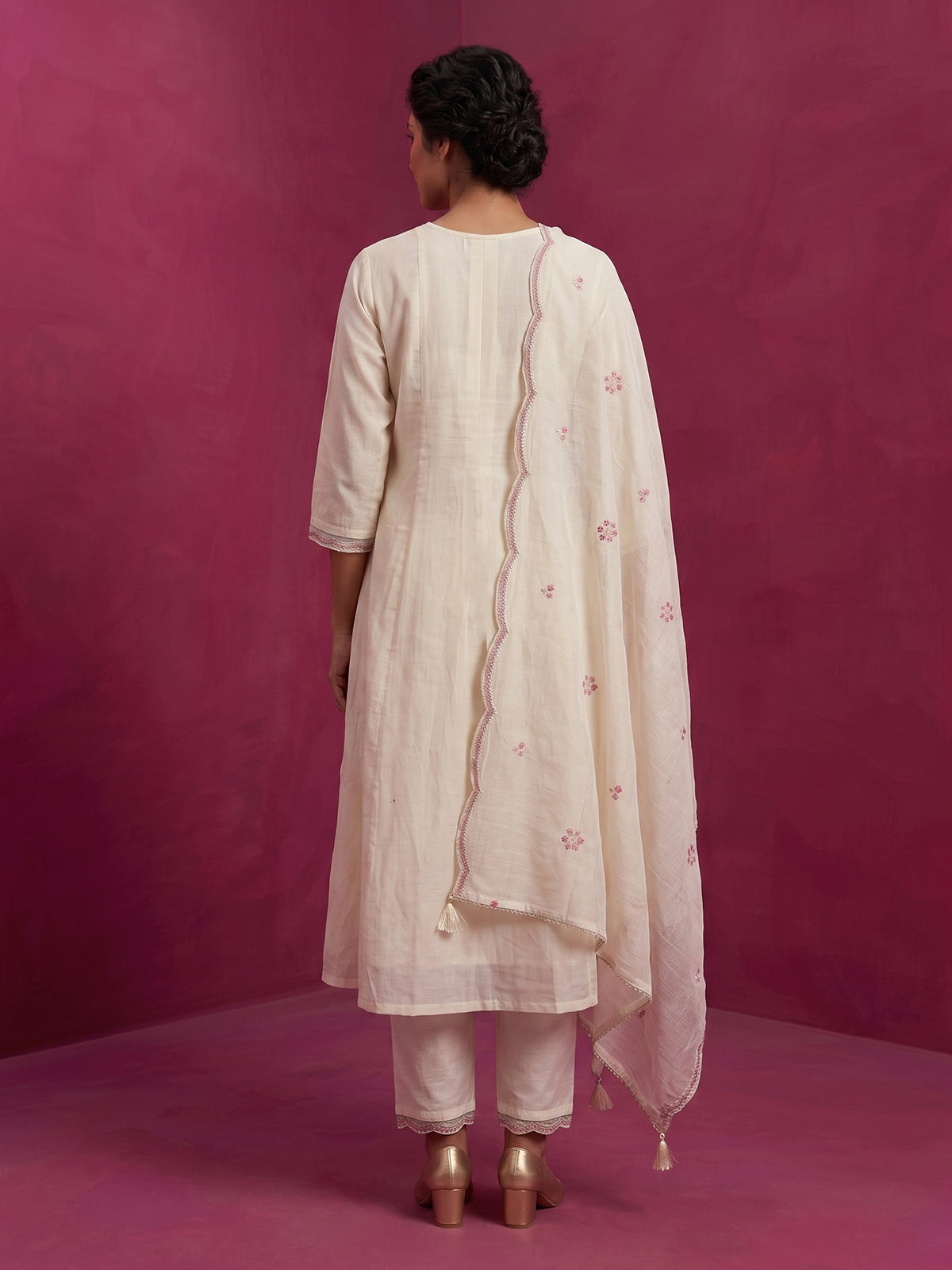White embroidered cotton silk anarkali kurti set