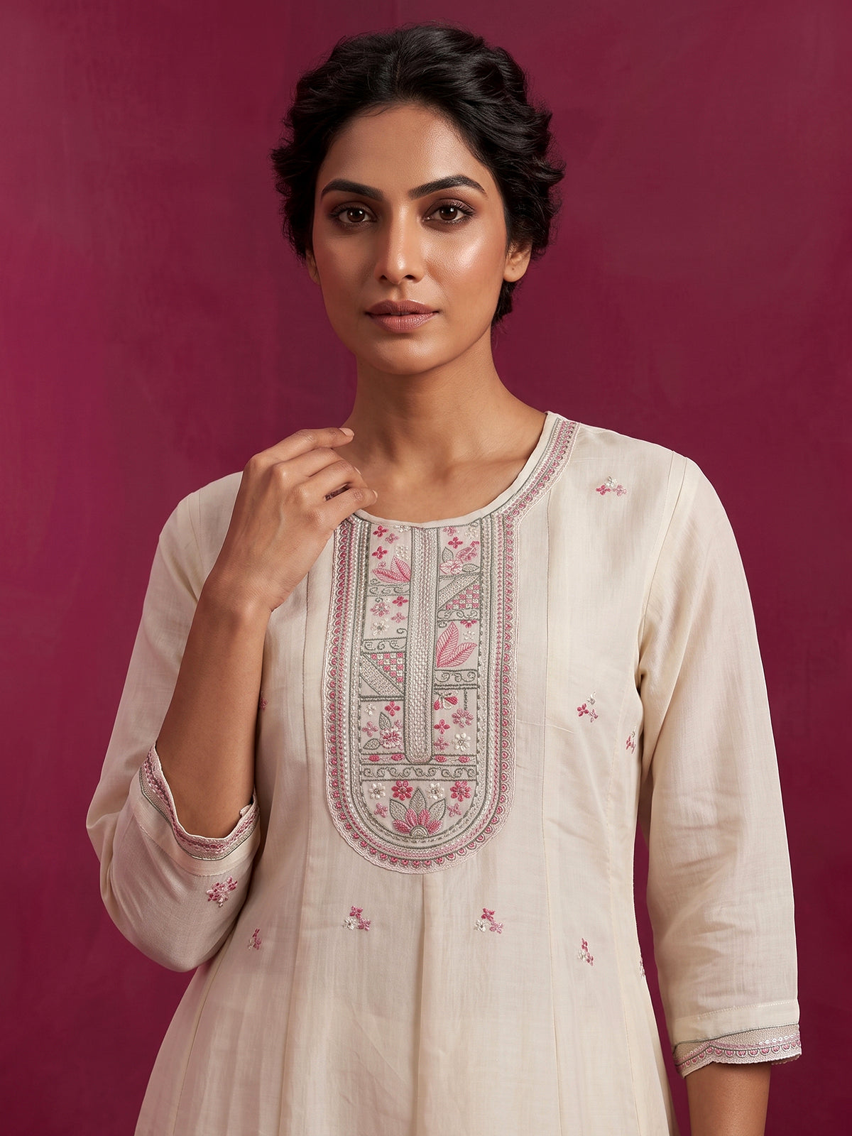 White embroidered cotton silk anarkali kurti set