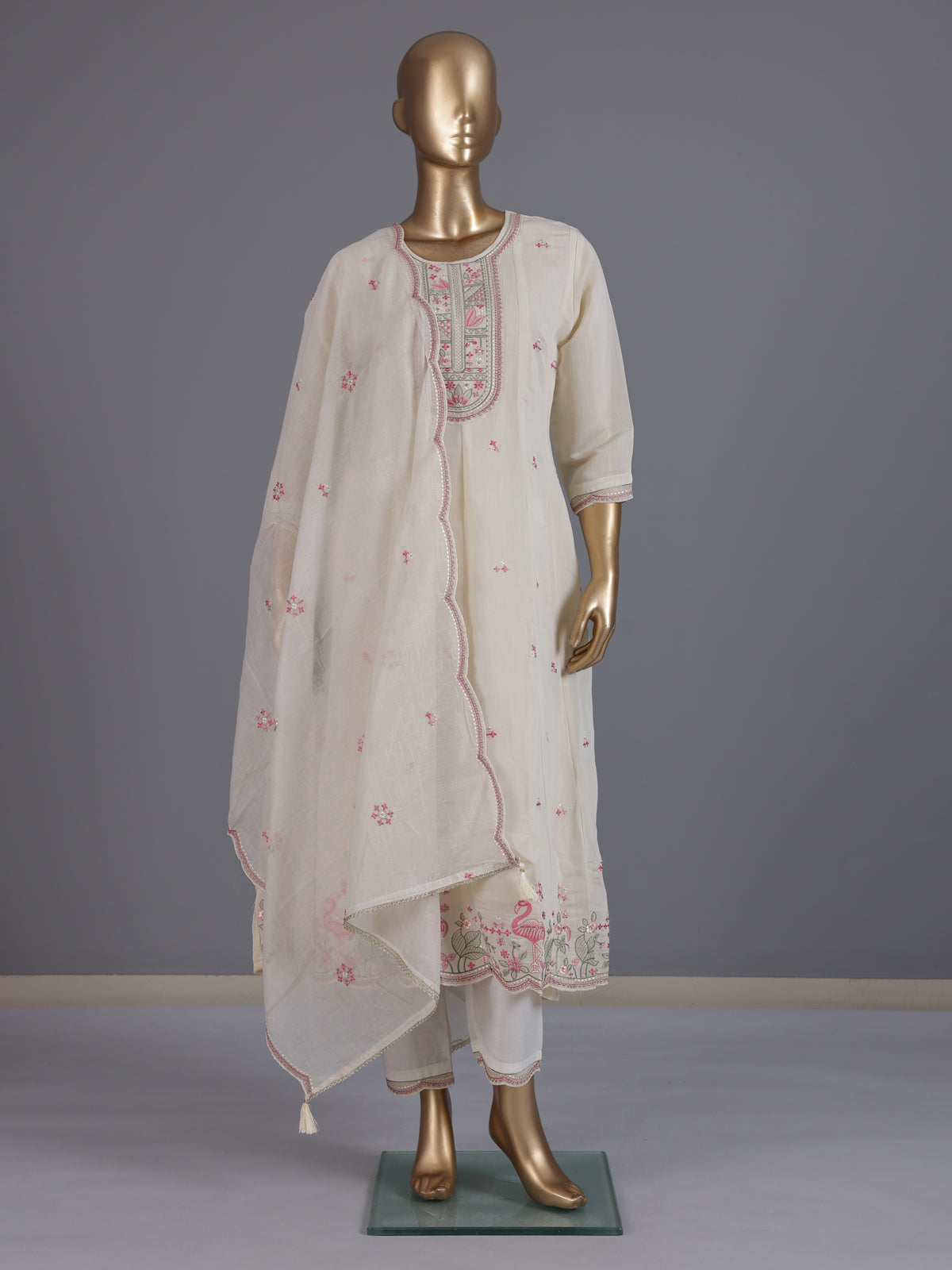 White embroidered cotton silk anarkali kurti set