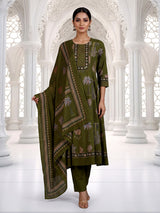 Green printed anarkali cotton silk kurti set with dupatta