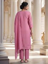Pink embroidered cotton silk straight kurti set
