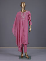 Pink embroidered cotton silk straight kurti set