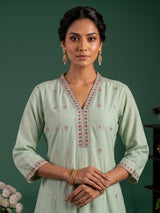Green floral embroidered cotton silk anarkali kurti set
