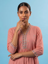 Peach floral embroidered cotton silk anarkali kurti set