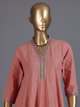 Peach floral embroidered cotton silk anarkali kurti set