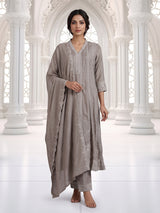 Grey embroidered cotton silk anarkali kurti set