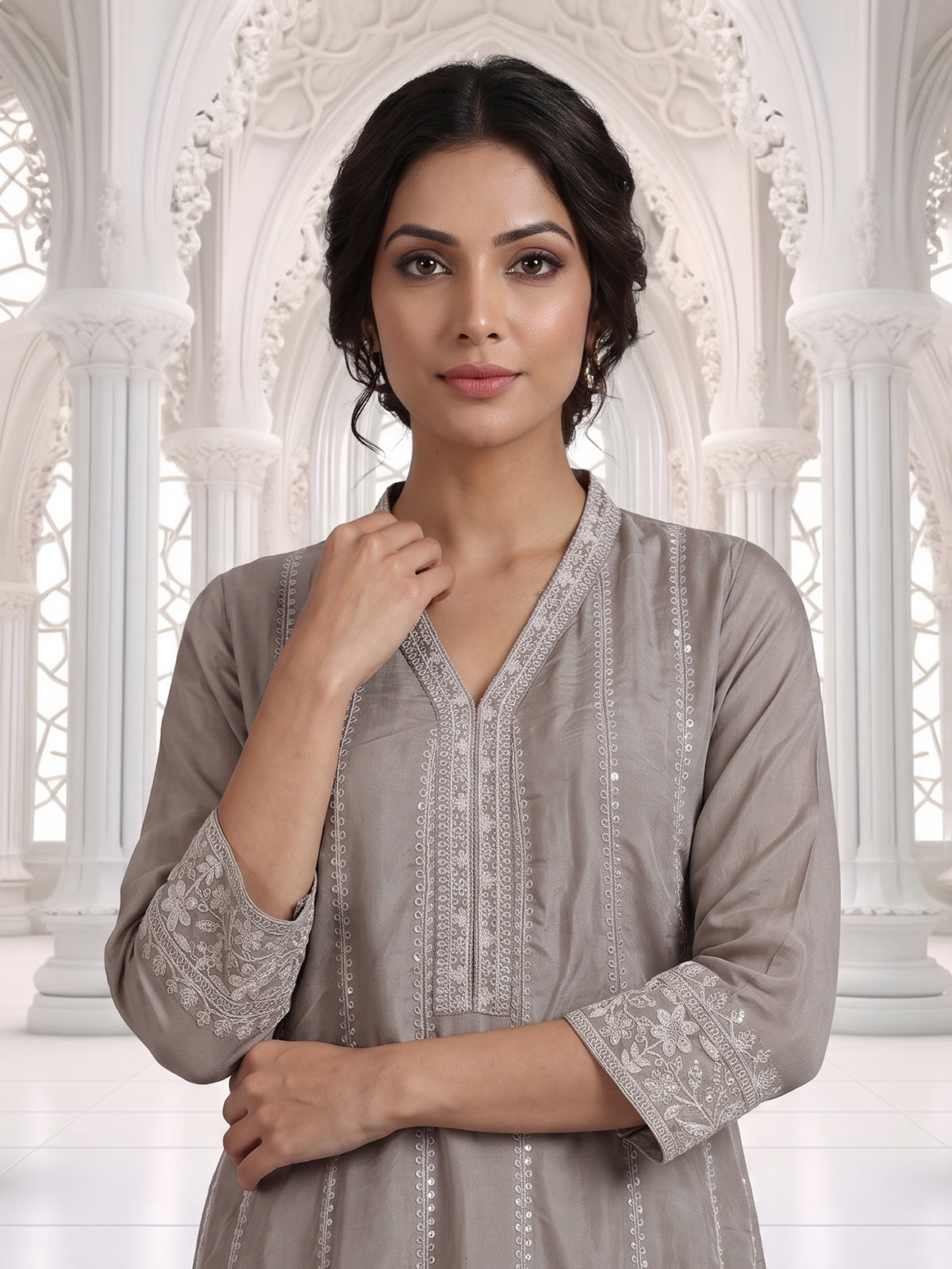 Grey embroidered cotton silk anarkali kurti set