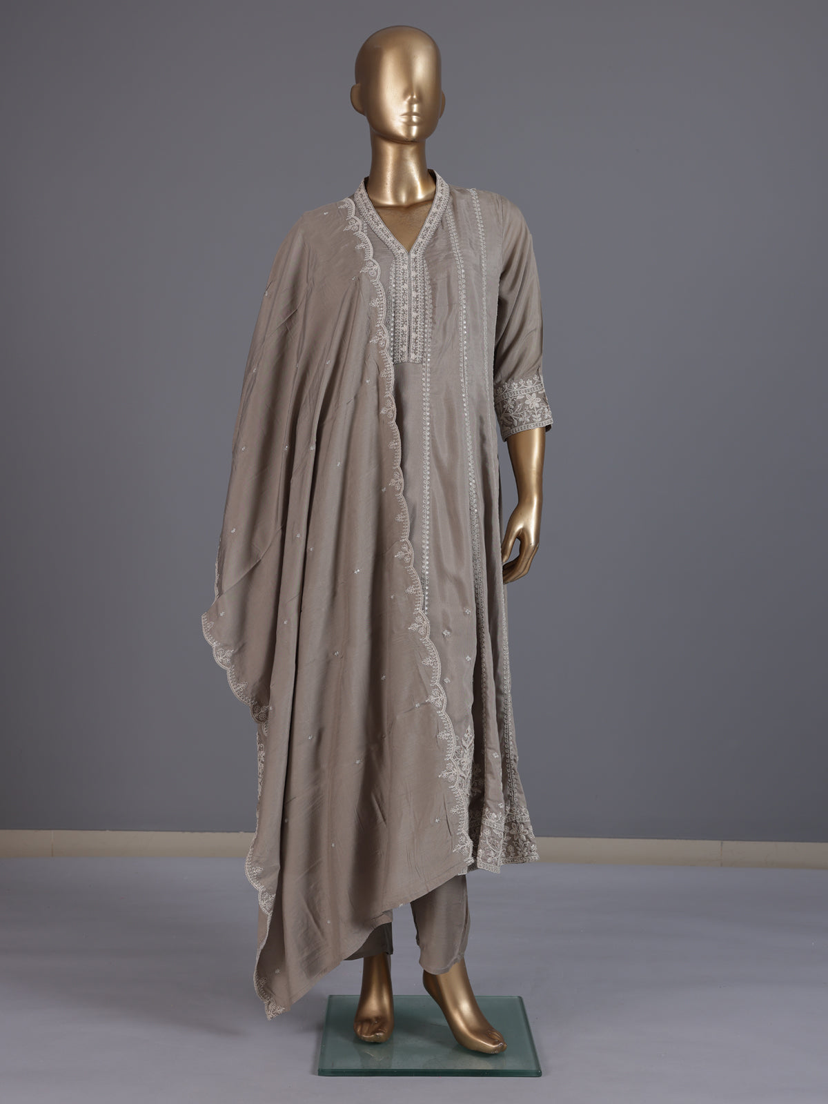 Grey embroidered cotton silk anarkali kurti set